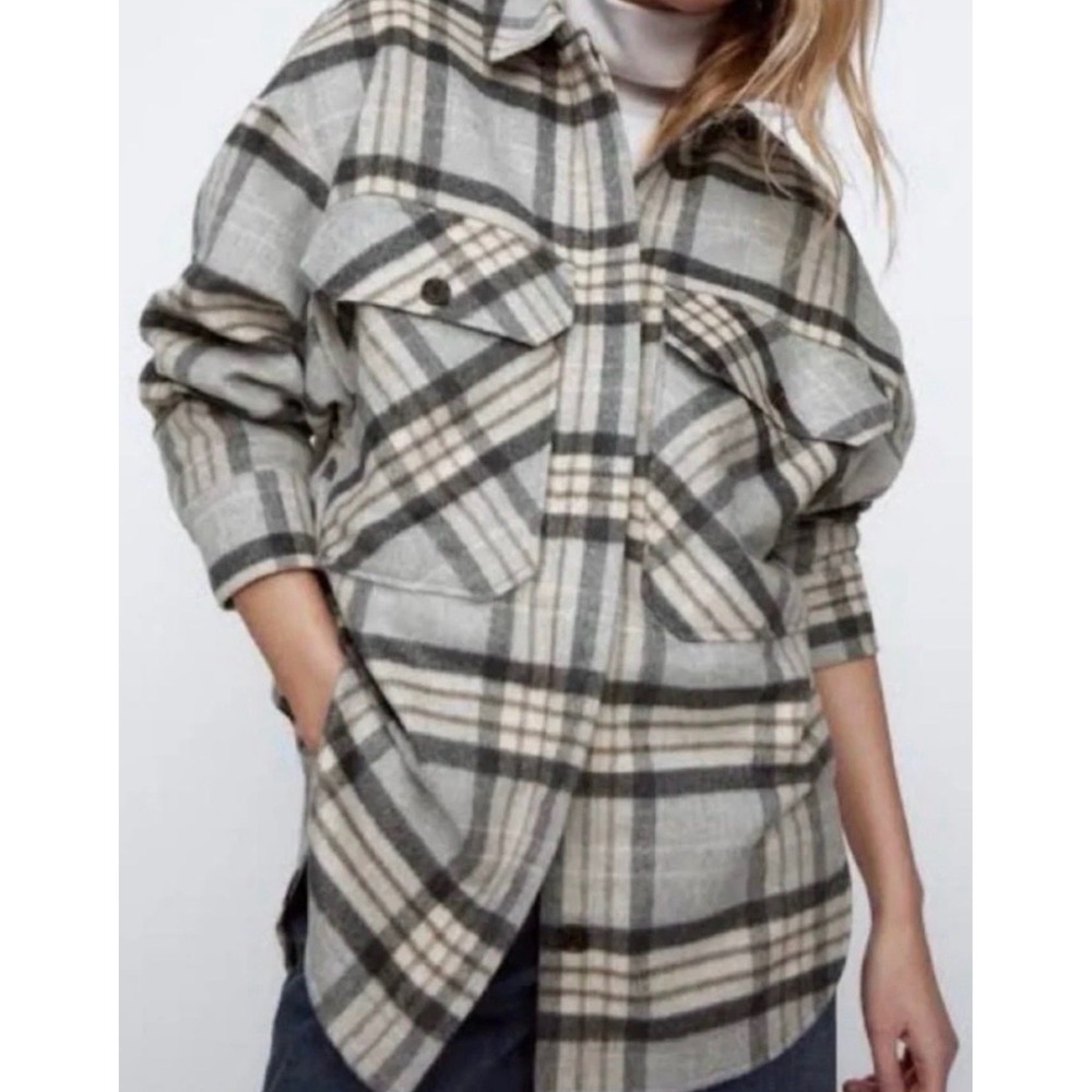 Zara Plaid Overshirt Jacket Women's Small Gray Beige Wool Blend Shacket